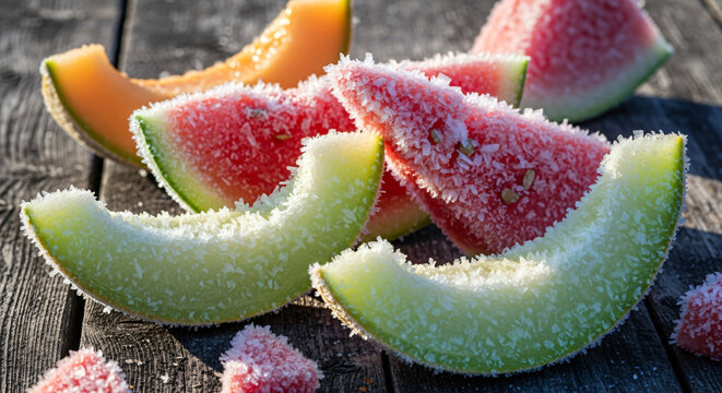 Chilled Honeydew melons and seedless watermelon slices on Rustic Surface - Artistic Chaos