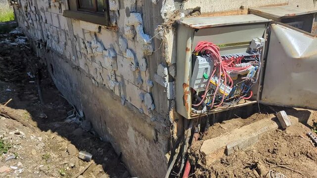 Devastated residential electrical panels caked in mud, debris, and silt after a catastrophic flood