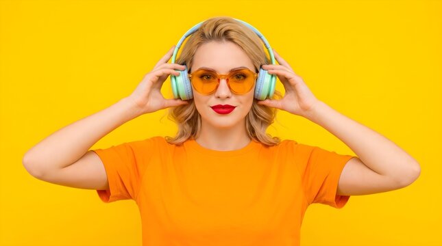Stylish woman wearing bright orange sunglasses and mint headphones against a vivid solid yellow background