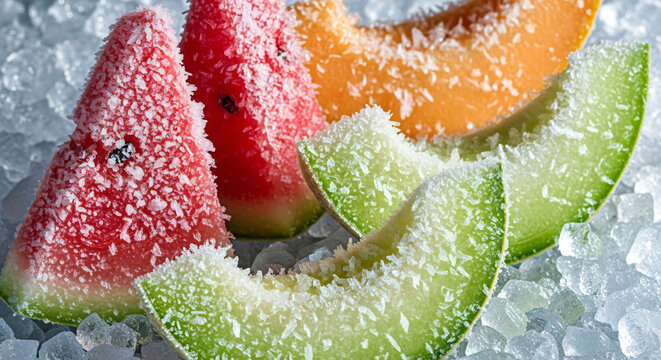 Chilled Seedless watermelon slices, honeydew melons and cantaloupes on Crushed Ice Bed - Golden T...