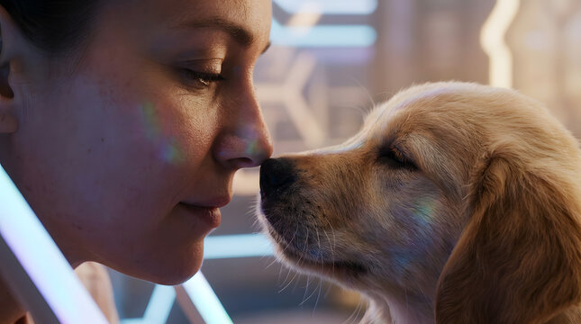 Side profile of a woman and a golden retriever puppy touching noses with futuristic neon light reflections
