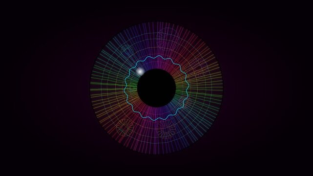 Vibrant eye design with abstract patterns on dark background