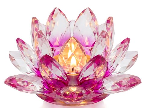 Pink crystal lotus flower candle holder with lit tealight decorative buddhism spiritual tealight ornament meditation religious homeware interior reflexion tranquility decoration symbolic