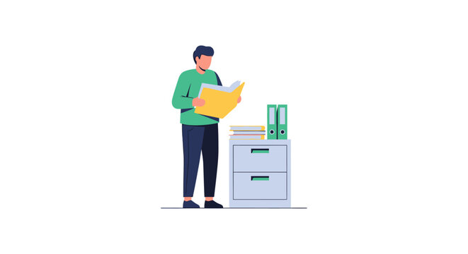 Delivery person organizing package near large printer machine.