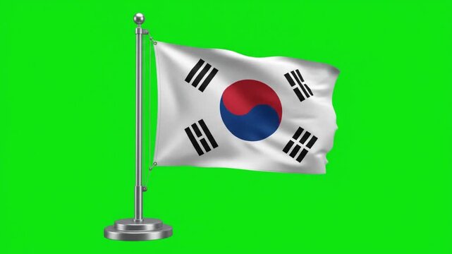 South Korea National Flag Waving on Desk Pole Stand Against Green Screen Background for Projects
