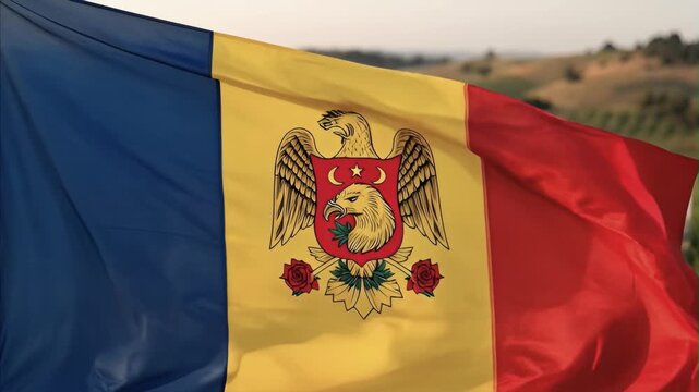 Waving flag of Moldova with national emblem against rural landscape during golden hour. Symbol of sovereignty and national pride. August 27 Independence Day Moldova