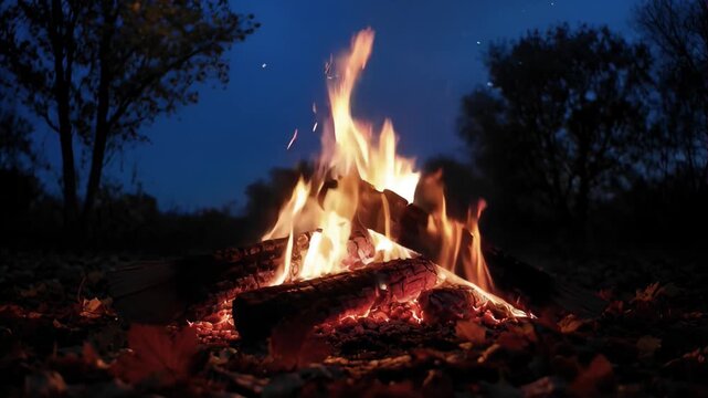 Bonfire burning bright at night, wood logs on fire, glowing embers, warm light illuminating fallen leaves on ground, dark forest trees silhouette against deep blue sky, outdoor camping fire scene
