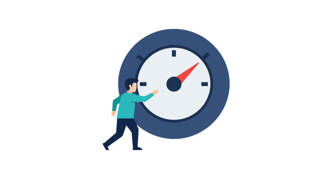 Person running beside oversized speedometer clock illustration.