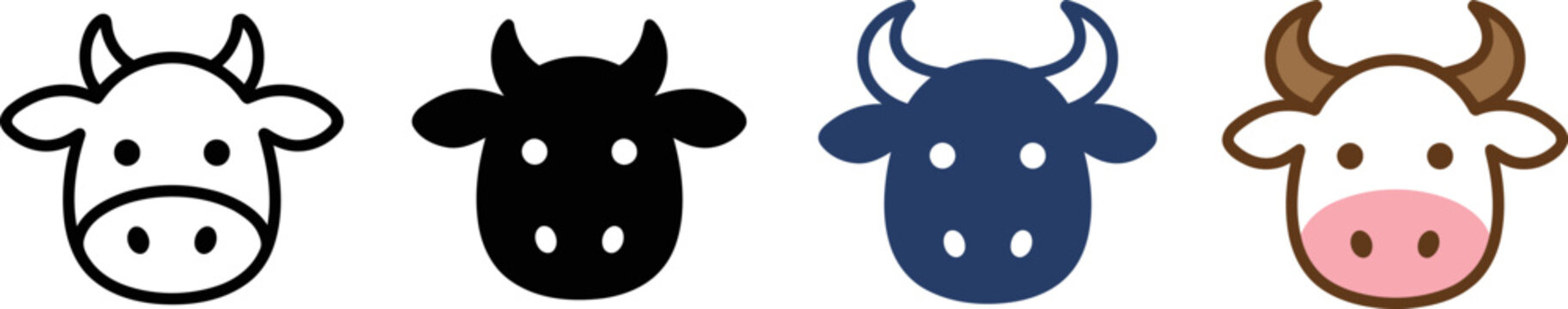 Four cartoon cow heads in different colors and designs side by side on white