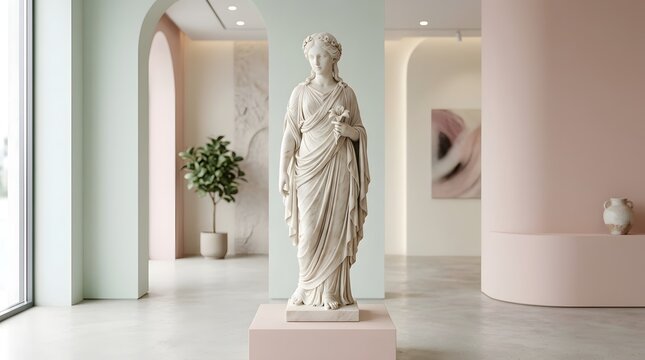 Classical female stone statue in minimalist modern art museum interior with fine art gallery classical sculp