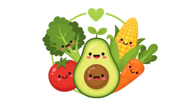 Cute Kawaii Vegetables and Fruits Cartoon Characters with Happy Faces