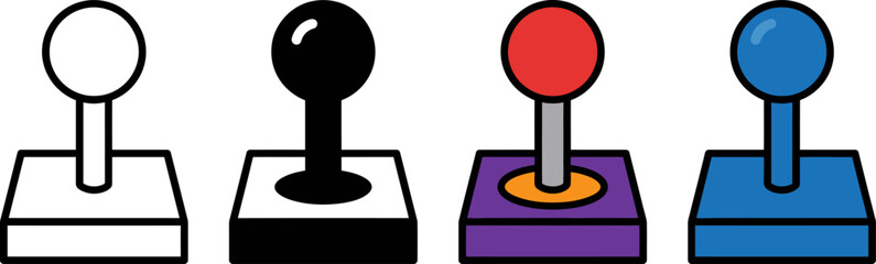 Four colorful arcade joystick game controllers in a row side by side © vector