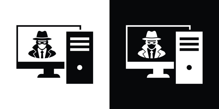 Computer hacking and cyber crime icon vector. Black and white graphic of a masked anonymous hacker appearing on a desktop computer monitor.