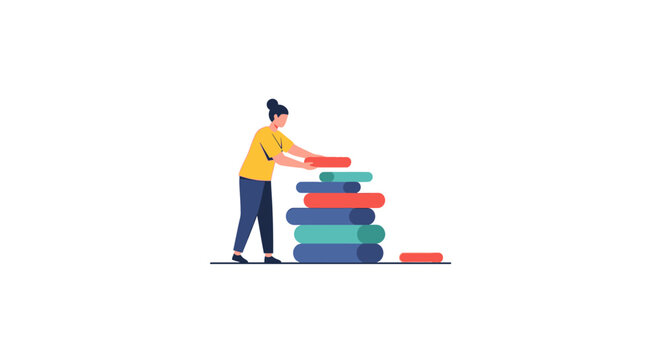 Person balancing colorful stack of books illustration.