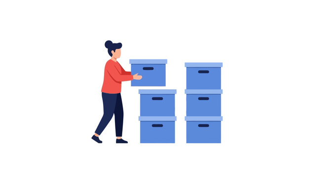 Woman carrying and stacking blue moving boxes indoors.