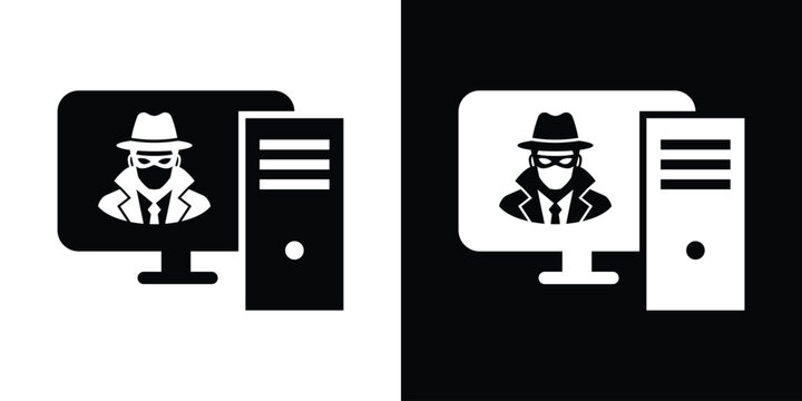 Computer hacking and cyber crime icon vector. Black and white graphic of a masked anonymous hacker appearing on a desktop computer monitor.