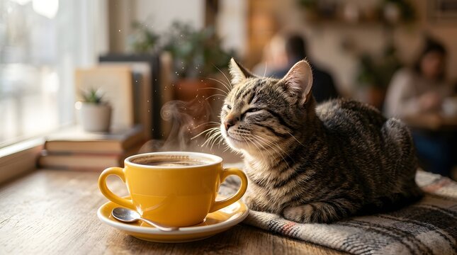 Cute tabby cat sitting on a rustic wooden table next to a steaming hot yellow mug of coffee or tea with steaming