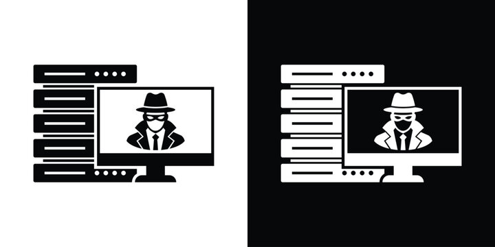 Server network hacker threat icon vector. Minimalist design showing an anonymous cyber criminal infiltrating a data storage server database.
