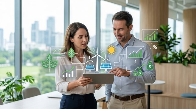 Business partners analyzing renewable energy investment data on tablet, wind turbines and solar panels with financial growth charts