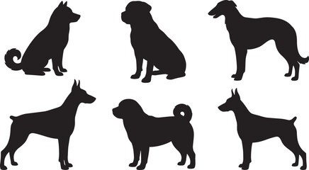 Dog Breed Silhouette Vector Icon Set Featuring Husky Rottweiler Greyhound and Doberman Pinscher Poses for Veterinary Clinics, Pet Care Branding, and Canine Kennel Club Designs © Rajiya