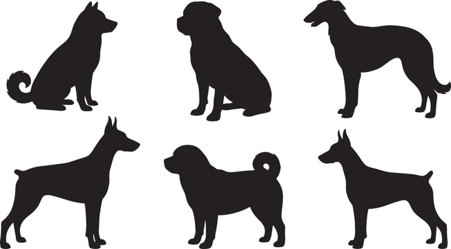 Dog Breed Silhouette Vector Icon Set Featuring Husky Rottweiler Greyhound and Doberman Pinscher Poses for Veterinary Clinics, Pet Care Branding, and Canine Kennel Club Designs