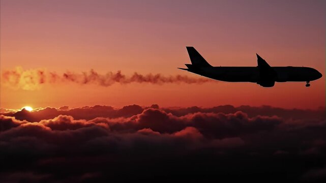 Airplane silhouette flying above vibrant golden orange clouds with sun setting on horizon creating dramatic scene of travel and aviation journey at sunset time