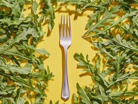 Silver fork resting on fresh arugula leaves on yellow background. Fresh salad, healthy eating, and dining concept. Flat lay, top view