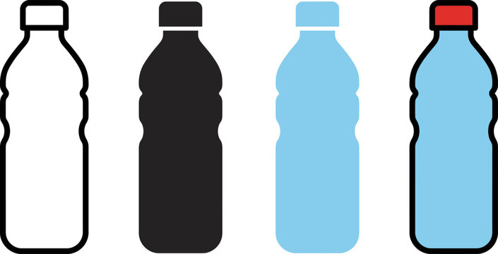 Four different colored plastic water bottles with caps  side view