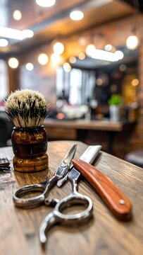 A wooden table holds vintage grooming tools in a blurred background barber shop