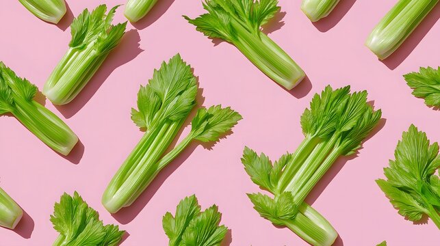 Fresh green celery stalks and leaves arranged neatly on pink background. Low calorie, diet food, and healthy snacking concept. Flat lay