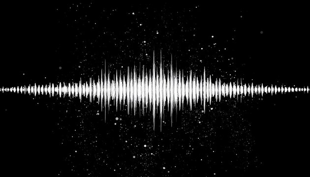 A white sound wave graphic on a black background with scattered white dots
