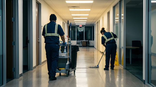 Professional janitorial service in office corridor | Night shift cleaning crew in commercial building | Maintenance team cleaning hallway floors | Corporate sanitation staff with equipment cart