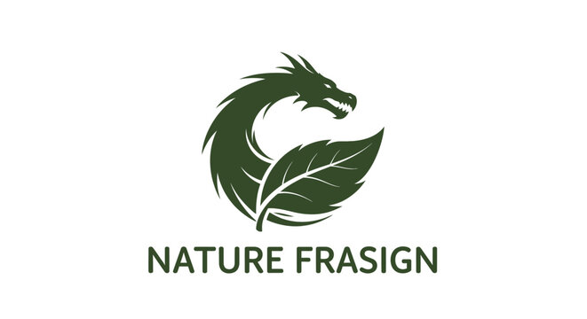 Green dragon logo with leaf, nature concept, symbol
