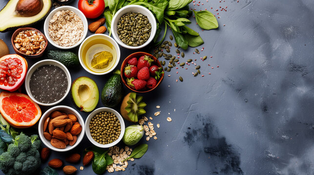 Healthy food clean eating selection: fruit, vegetable, seeds, superfood, cereal, leaf vegetable on gray concrete background
