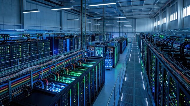 Modern high-tech data center server room featuring rows of liquid cooling systems, glowing LED lights