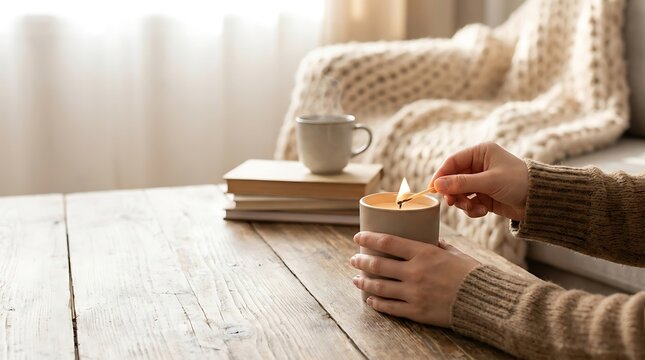 Hands Lighting Scented Candle on Minimalist Wooden Coffee Table Indoors for Winter Home Ambiance Campaigns