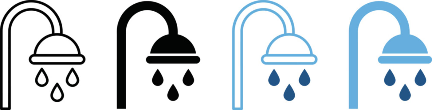 Set of four shower head icons with water droplets on white background