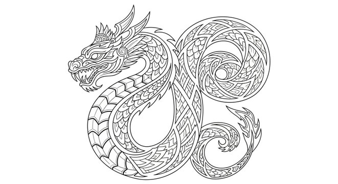 Intricate Dragon Illustration - Black and White Outline, Mythical Creature Art