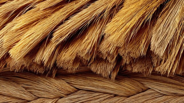 Straw thatch texture, dried yellow grass roof, layered organic material, tropical hut background, rustic farm style 
