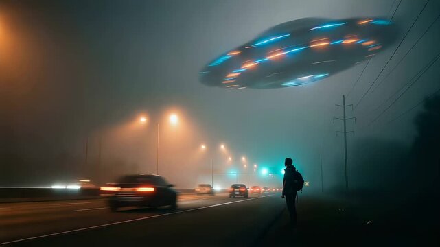 Man standing on highway road watching ufos hovering in the night fog. Sci fi scene with a traveller observing alien spacecraft over a dark misty street road.