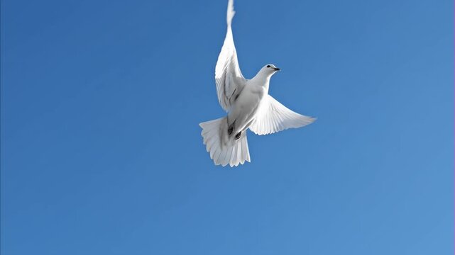 Pure white dove in flight against clear vibrant blue sky, powerful wings extended, representing peace freedom hope, symbol of nature beauty, August 29 International Day Against Nuclear Tests