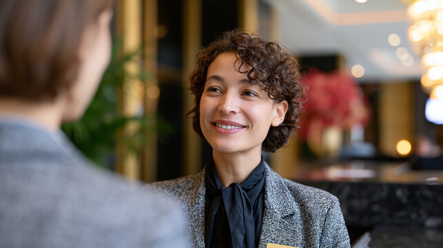  hotel guest seen from behind asking concierge for directions and recommendations