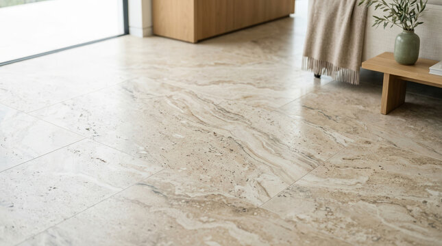 Light beige travertine stone tile flooring in a modern living room. Natural marble floor surface with wooden furniture in background