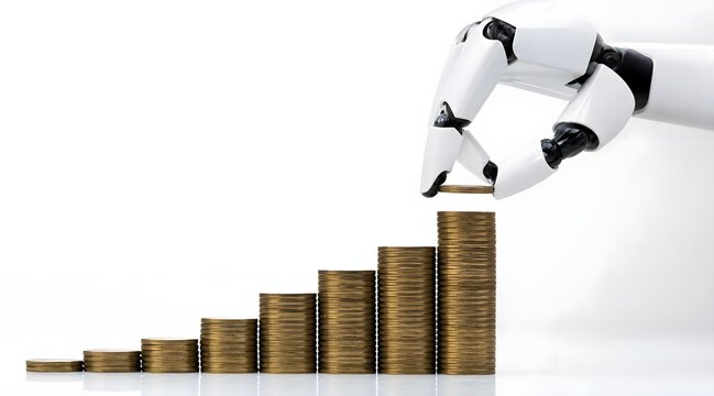 Artificial intelligence robot hand that stacks coins into a coin ladder stack