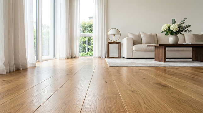 Light oak hardwood floor in modern living room. Low angle view of wooden planks leading to bright window. Contemporary home interior with beige sofa