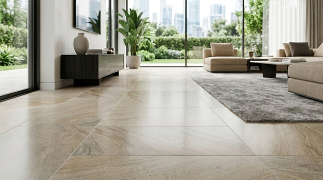 Modern living room with large format beige tile floor. Contemporary interior with grey rug and modular sofa. Luxury apartment with city skyline view