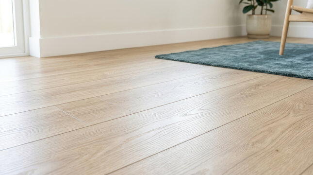 Close up of light wood laminate flooring in minimalist home. Low angle view of wooden planks with white baseboard and teal rug. Modern interior detail
