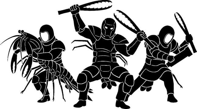 Three Ninja Warriors with Swords in Dynamic Poses.