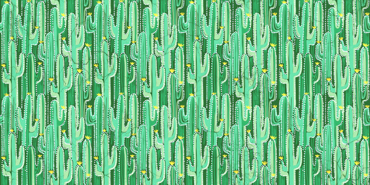 Green cactus design in batik style. Seamless repeat pattern
