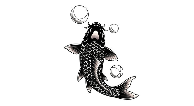 Black Koi Fish Swimming Upwards with Bubbles, Japanese Tattoo Style